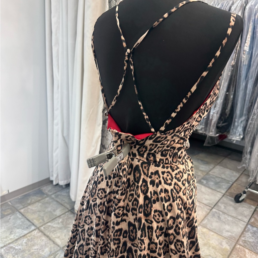 Mori Lee Leopard Print Dress with Black and Brown Tones red lining. - Picture 3 of 7